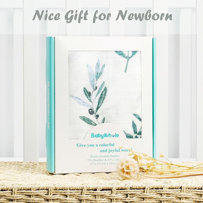 BabyWhale Muslin Swaddle Blanket with Hat and Headband Bow, Boho Green Eucalyptus Leaves Swaddle Set for Newborns, Breathable Receiving Blanket Wrap, Large 47x47 inches