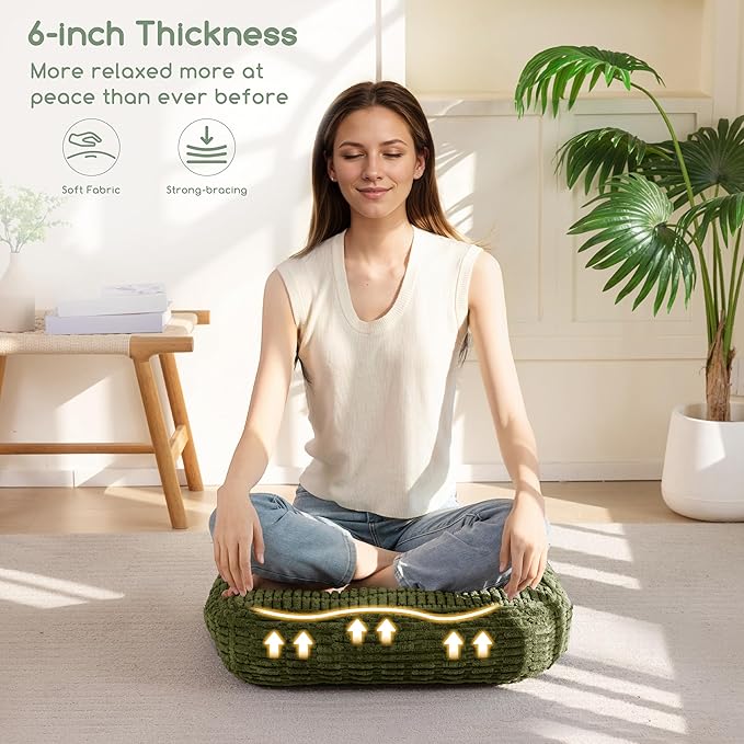 6" Washable Floor Pillow Cushion for Adults, Meditation Cushion Pillow, Removable Tufted Blended Corduroy Cover, Large Square Floor Sitting for Tatami Living Room or Yoga, 2Pack, Machine Washable