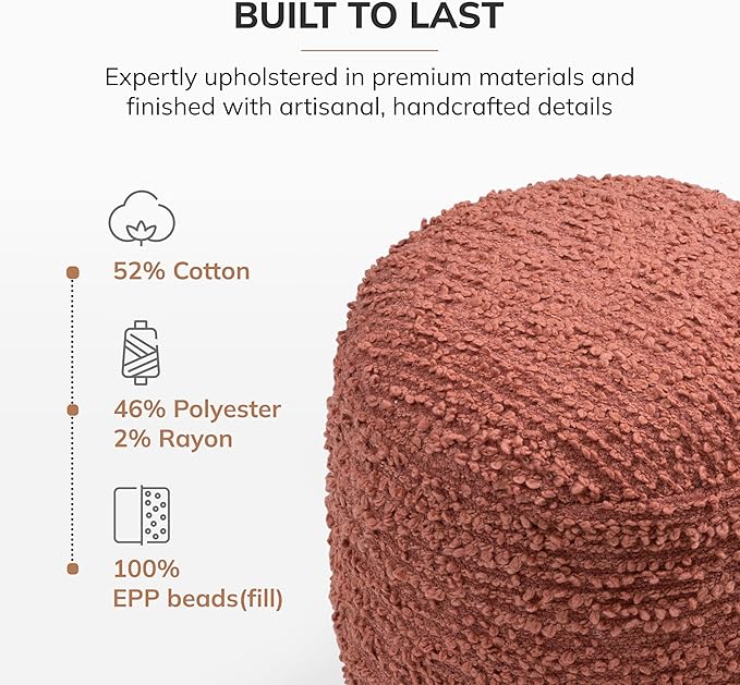 Anji Mountain Pouf Ottoman Foot Rest, Handmade Ottoman Pouf, Comfortable Foot Stool, Decorative Floor Seating for Living Room Decor, Bedroom & Home Décor Accent - Terracotta