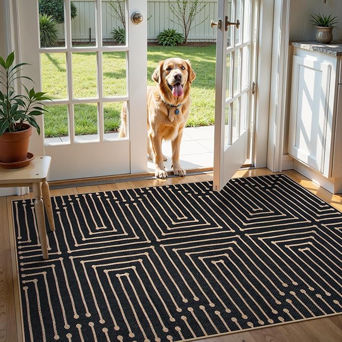 Lahome Boho 3x5 Easy Jute Rugs for Entryway, Black and White Outdoor Rug for Patio, Maze Lines Modern Indoor Outdoor Rugs, Non Slip Stain Resistant Front Door Carpet for Porch Balcony