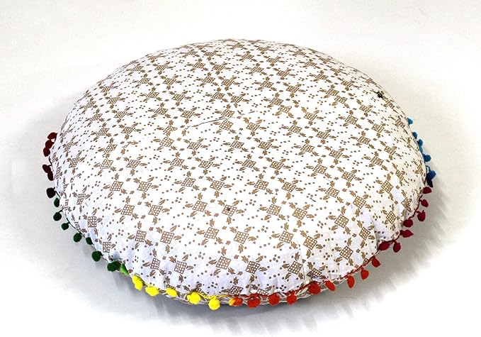 Round Mandala Floor Pillow Cover Seating Cushion Throw Cover Hippie Decorative Bohemian Ottoman Pouf Cover, Pom Pom Pillow Cases,Boho Indian 22 Inches (White Gold)