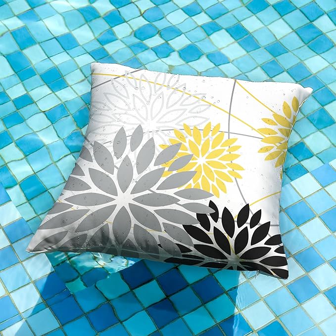 Grey and Yellow black Floral Pillow Covers 20x20 Set of 2 Outdoor Waterproof Decorative Throw Pillows Summer Pillow covers Polyester Cushion Case Decor for Couch Patio Funiture Garden Porch 011C20