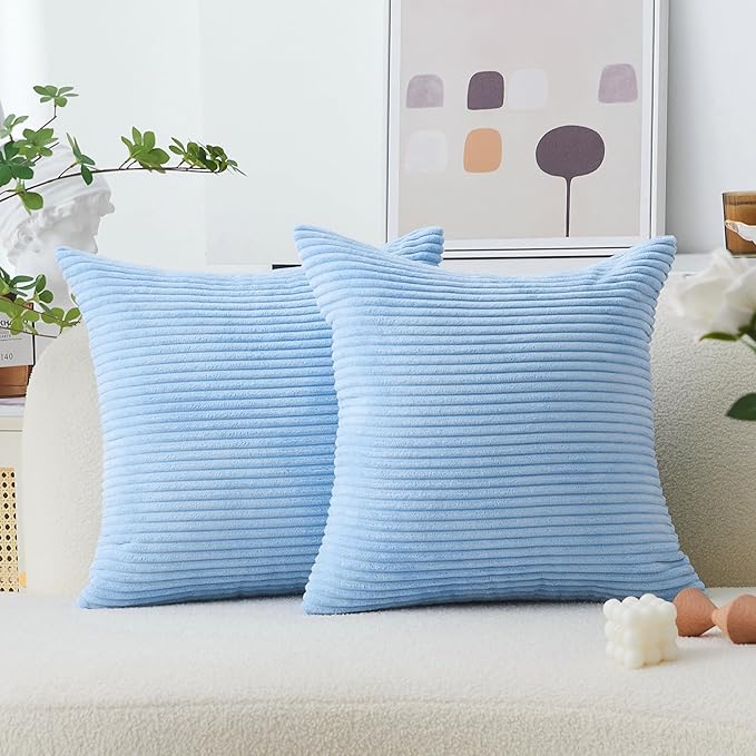 Home Brilliant Blue Throw Pillows for Couch 2 Packs Soft Cushion Covers Striped Velvet Throw Pillow Cases for Bed Living Room, 40x40 cm, 16 x 16 Inch, Baby Boy Blue