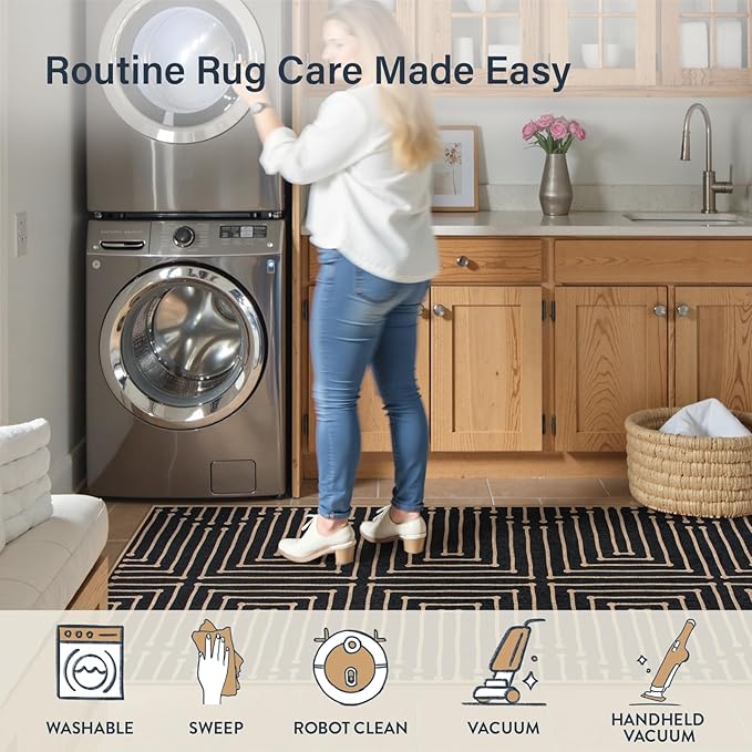 Lahome Maze Lines Easy Jute Washable Runner Rug, 2x8 Kitchen Runner Rug for Hallway, Non Slip Indoor Outdoor Rugs for Entryway Indoor, Black Low Pile Front Door Carpet for Laundry