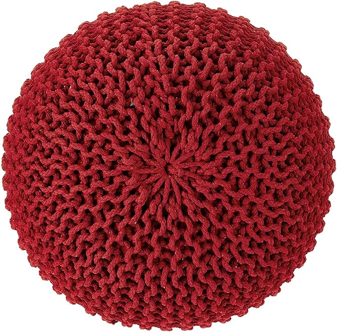 · REDEARTH · Round Pouf Ottoman - Hand Knitted Cable Boho Poof - Foot Stool Bean Bag - Home Décor Stuffed Footrest for Living Room - Nursery - Bedroom - 100% Cotton Poufs (19.5"x19.5"x14") - Red