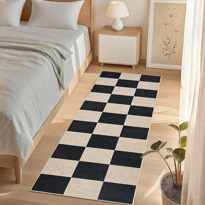 GarveeHome Easy Jute Rugs 2x8 Checkered Kitchen Runner Rugs Non Skid Washable Stain Resistant Indoor Outdoor Rugs for Living Room, Bedroom, Dining, Patio - Farmhouse Style Black