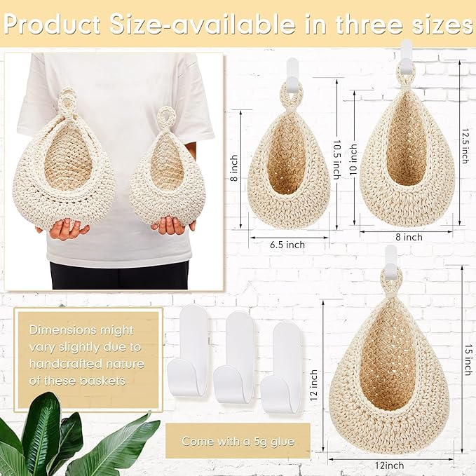 Honeydak Boho Decor Hanging Wall Baskets for Kitchen 3 Pack Teardrop Baskets with Hooks Storage Fruit Onion Vegetable Potato for Home 3 Sizes(White,Teardrop,Cotton Rope)