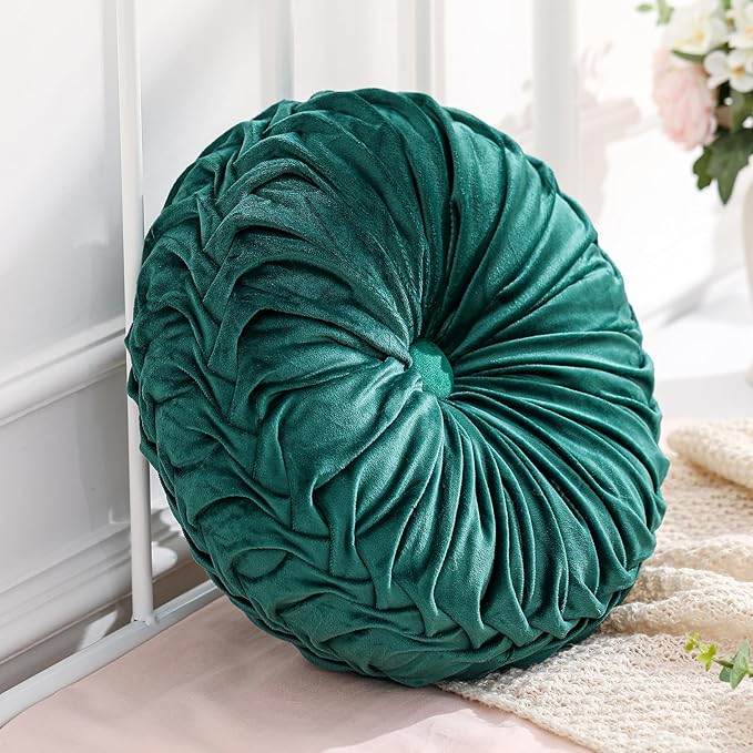 Round Throw Pillows Decorative Pleated Throw Pillows 15'' Diameter Accent Pumpkin Boho Chair Cushion for Couch Sofa Home Decoration(Green,1 Pcs)