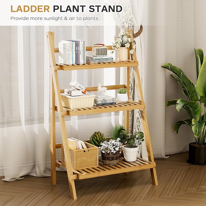 39.4" Foldable Plant Shelf Ladder Shelf, 3 Tier Bamboo Ladder Flower Pot Display Shelf, Freestanding Ladder Bookshelf for Garden, Balcony, Yard, Living Room, 23.6"W x 15"D x 39.4"H, Natural
