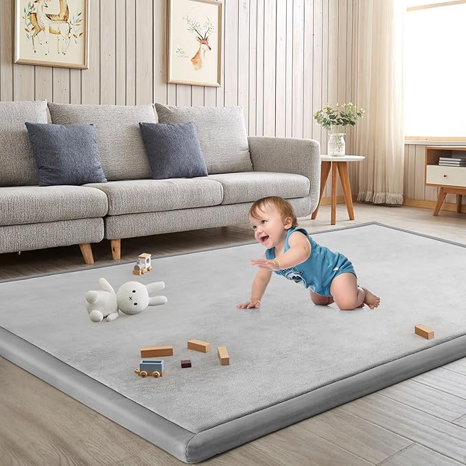 Baby Play Mat for Floor Nursery Rug Muscle Mat Area Rug Playroom Rug 47"x47" Playpen Mat Memory Foam 1.3" Thick Crawling Mat for Babies,Toddlers, Infants, Kids,A Light Gray