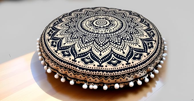 CRAFT KALA Boho Large Floor Pillow Pouf Cover Mandala Meditation Room Pillow Cover for Adults Round Bohemian Seating Pouf Cushion Cover for Kids Playroom 22" Black Gold Ombre