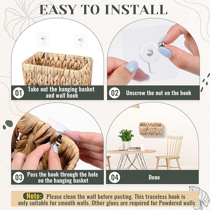 3 Pcs Woven Hanging Wall Baskets for Storage Seagrass Wall Mount Organizer with 6 Mounting Hooks Decorative Bathroom Basket for Boho Room Decor Letters Mail Kitchen