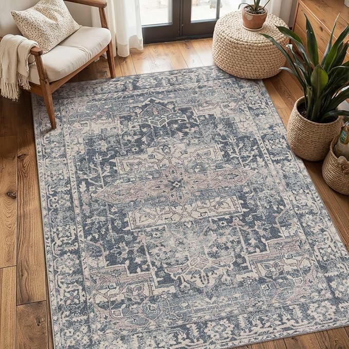 3x5 Rug for Entryway Bedroom, Blue 3x5 Washable Area Rug, Vintage Retro Boho Throw Rug, Non Slip & Low Pile Small Carpet for Indoor Kitchen, Bedside, Living Room, Bathroom and Dining