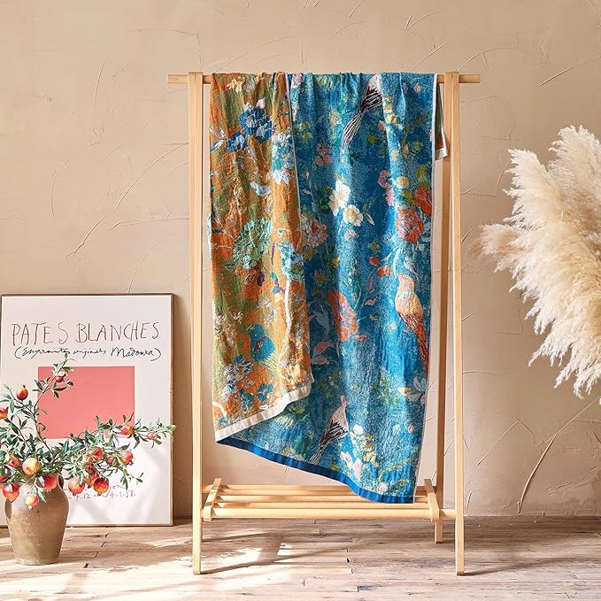 Boho Throw Blanket - 100% Cotton Ultra Soft Muslin Spring Blanket, 50"x60" Lightweight Floral Bird Printed Framhouse Bedding Blanket for Bed, All Season Blue Bohemian Bedroom Home Decor Quilt