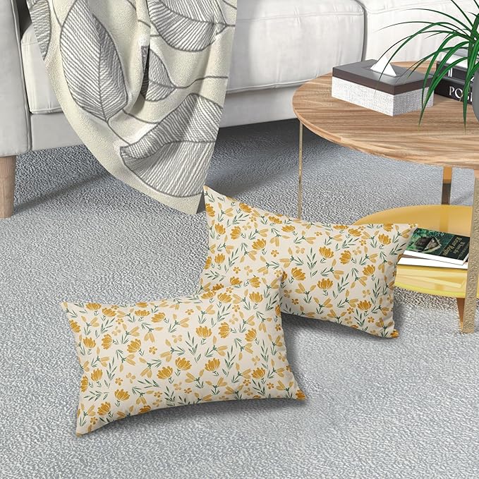 Green Yellow Floral Pillow Covers 12x20 Set of 2 Vintage Rustic Old Style Cute Small Flower Print Rectangle Decorative Outdoor Pillowcases Farmhouse Throw Cushion Case Decor for Couch Sofa Bed