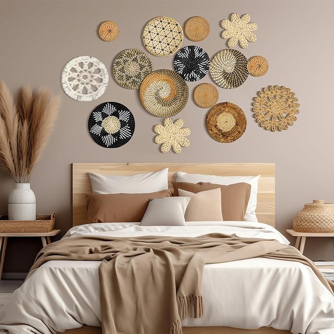 Xuhal 15 Pcs Boho Wall Basket Decor Handcrafted Seagrass Woven Wall Basket Rustic Round Woven Hanging Art for Home Farmhouse Kitchen Table Living Room(Stylish Style)