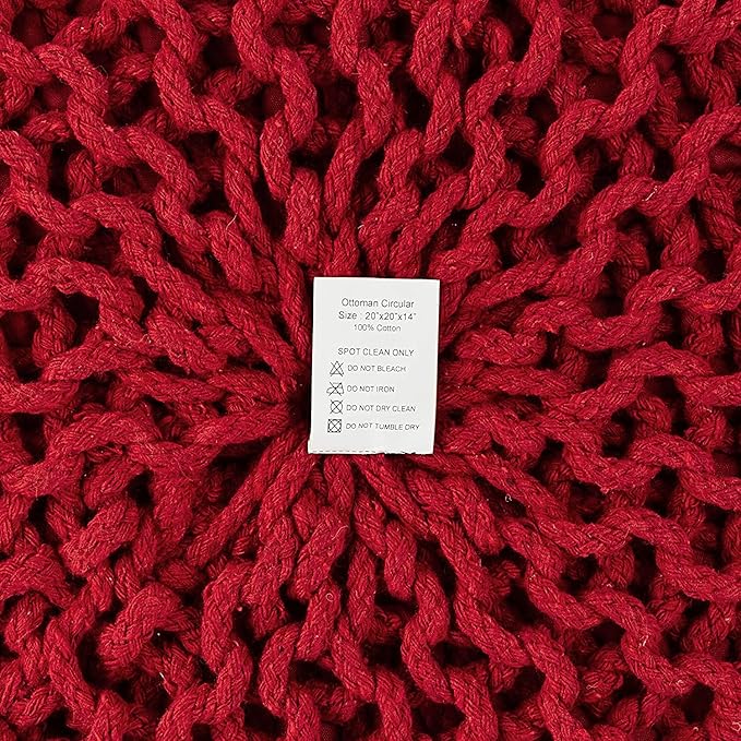 · REDEARTH · Round Pouf Ottoman - Hand Knitted Cable Boho Poof - Foot Stool Bean Bag - Home Décor Stuffed Footrest for Living Room - Nursery - Bedroom - 100% Cotton Poufs (19.5"x19.5"x14") - Red