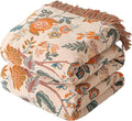 Boho Throw Blanket for Couch Sofa Bed, 100% Cotton Woven Quilt with Tassel 60”x80”, Super Soft Muslin Blanket with Floral Printed, Decorative Reversible Bed Blanket/Cover for All Seasons