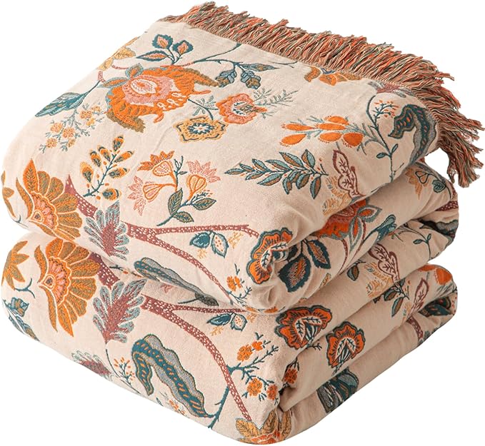 Boho Throw Blanket for Couch Sofa Bed, 100% Cotton Woven Quilt with Tassel 50”x60”, Super Soft Muslin Blanket with Floral Printed, Decorative Reversible Bed Blanket/Cover for All Seasons