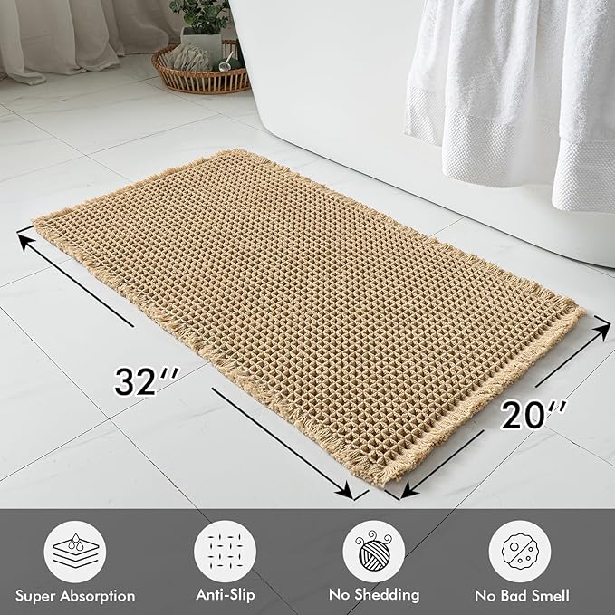 MIULEE Set of 2 Waffle Bathroom Rugs, Boho Bath Rugs Non Slip Washable, Super Absorbent Bath Mats, Ultra Soft Rubber Backed Shower Mats for Bathroom Floor, Tub and Shower, Brown, 20x32 Inch