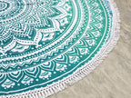 Round Beach Tapestry Turquoise Mandala Throw/Boho Hippie Beach Blanket Roundie/Indian Cotton Bohemian Large Round Table Cloth-Home Decor/Yoga Mat Meditation Picnic Rug (70", Green and White)