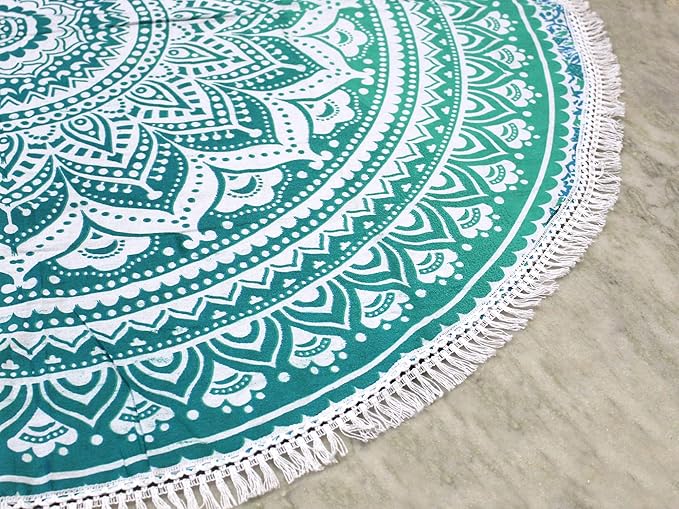 Round Beach Tapestry Turquoise Mandala Throw/Boho Hippie Beach Blanket Roundie/Indian Cotton Bohemian Large Round Table Cloth-Home Decor/Yoga Mat Meditation Picnic Rug (70", Green and White)
