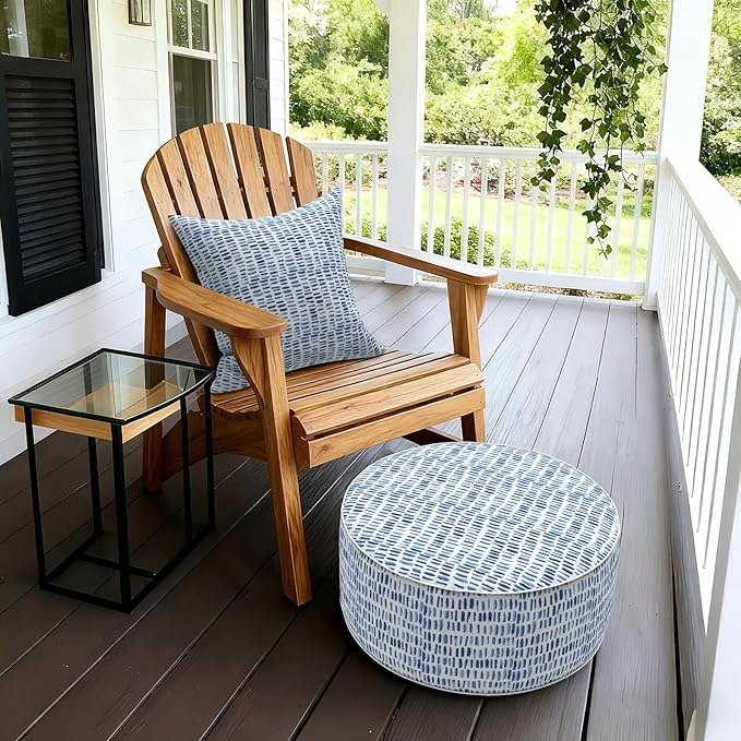 LVTXIII Outdoor Inflatable Ottoman Stool, Patio Water Repellent Footrest Stool with Handle, Portable Outside Round Ottoman for Patio Garden, Camping or Home Use, 21"x21"x9", Blue Pebble
