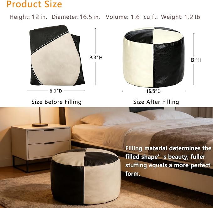 Thgonwid Unstuffed Faux Leather Pouf Cover, Handmade Footstool Ottoman Storage Solution, Floor Footrest Cushion - 16.5”Dx12”H, Black & White