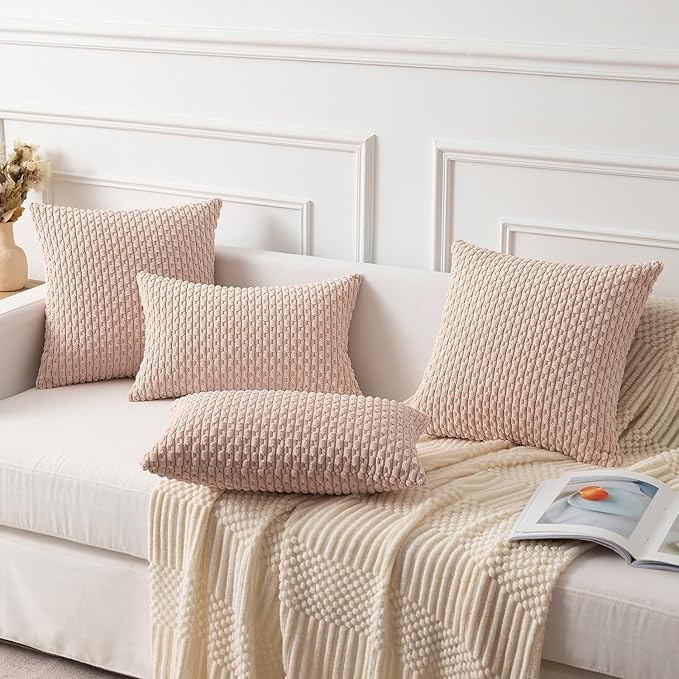 Kevin Textile Valentines Day 12x24 Inch Pillow Cover 1 Pack Boho Decorative Soft Striped Corduroy Lumbar Farmhouse Accent Rectangle Cushion Case for Living Room Couch Sofa Bed, Light Pink