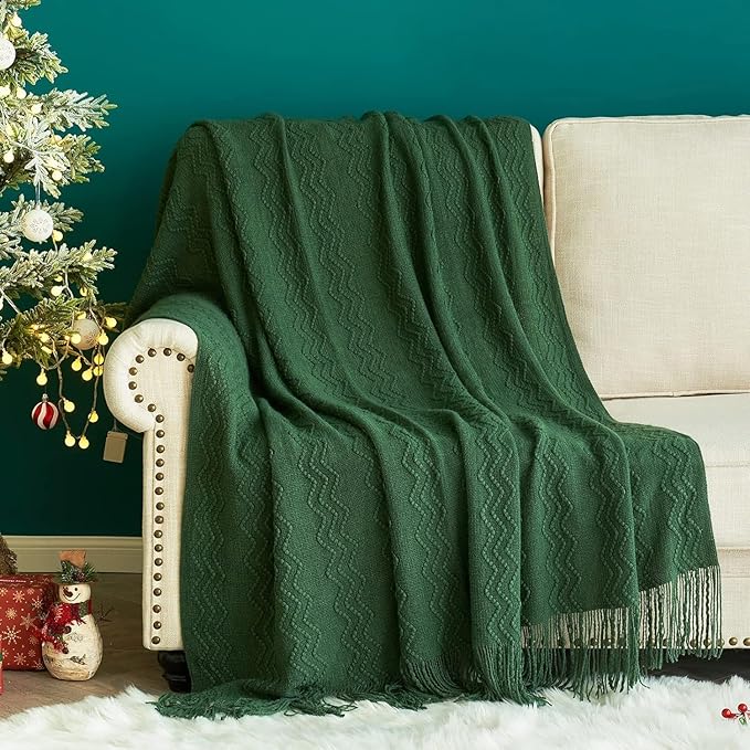 MIULEE Dark Green Knitted Throw Blanket for Couch Boho Textured Cozy Woven Blanket with Tassels for Sofa Chair Bed Living Room Acrylic Wave Pattern 60"x80"