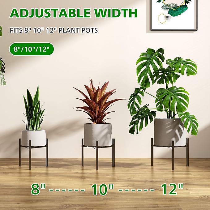 Plant Stand Indoor Adjustable, Metal Modern Plant Stand, Heavy Duty Stable Plant Pot Flower Holder Indoor Outdoor Corner, Fit 8 9 10 11 12 inch Pots, Black