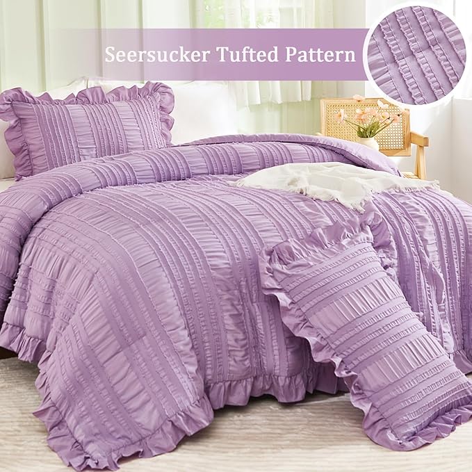 WONGS BEDDING Purple Comforter Set King,3 Pieces Ruffle Farmhouse Shabby Chic Comforter for King Bed,Soft Textured Boho Bedding Set with 1 Ruffle Comforter,2 Tufted Pillowcases 104"×90"