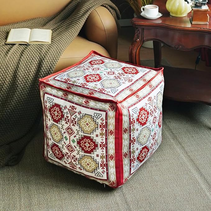 Unstuffed Pouf Cover Ottoman Footrest Bohemian Chenille Foot Stool Floor Bean Bag 18x18x18 Inches for Living Room Bedroom Home Decor (Red, Cube)