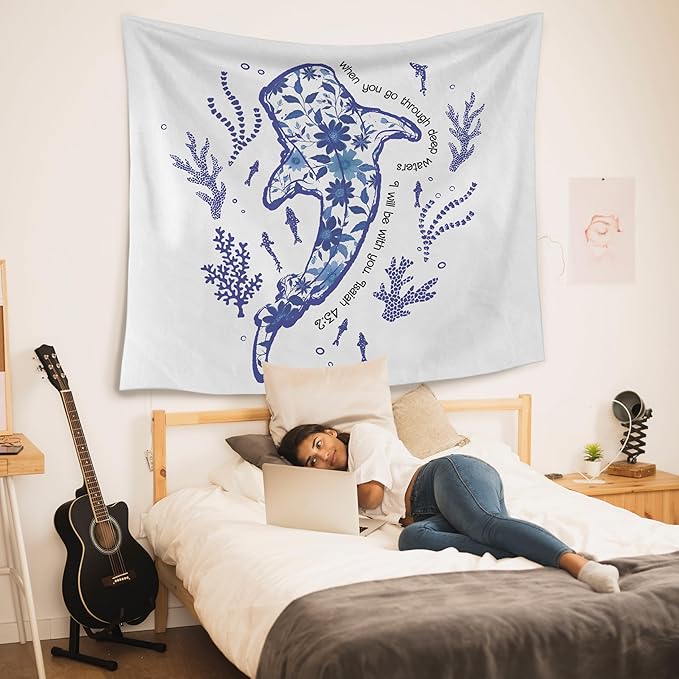 HUGANE Blue Whale Shark Ocean Christian Tapestry, Coastal Beach Sea Floral Coral Plant Wall Tapestries, Isaiah 43:2 Bible Verse Religious Hanging Wall Decor for Bedroom Beach House Cabin