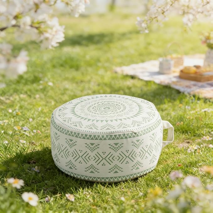 MOCOFO Unstuffed Round Pouf Covers Boho Colorful Geometric Ottoman Pouf Cover with Handle Design,Decoration Footstool for Living Room,Bedroom,Patio (Light Green,18x18x8)