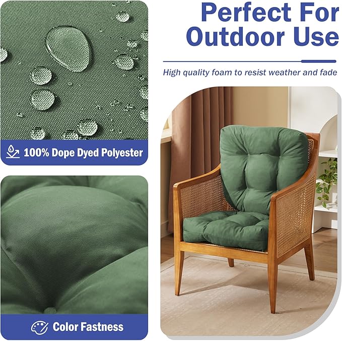 Outdoor Chair Cushions Set of 2, Patio Chair Cushions with Ties, 19x19+5” Tufted Outdoor Seat Cushions, Waterproof Patio Furniture Cushions, Outdoor Dining Chair Pads, Forest Green (Pack of 2)