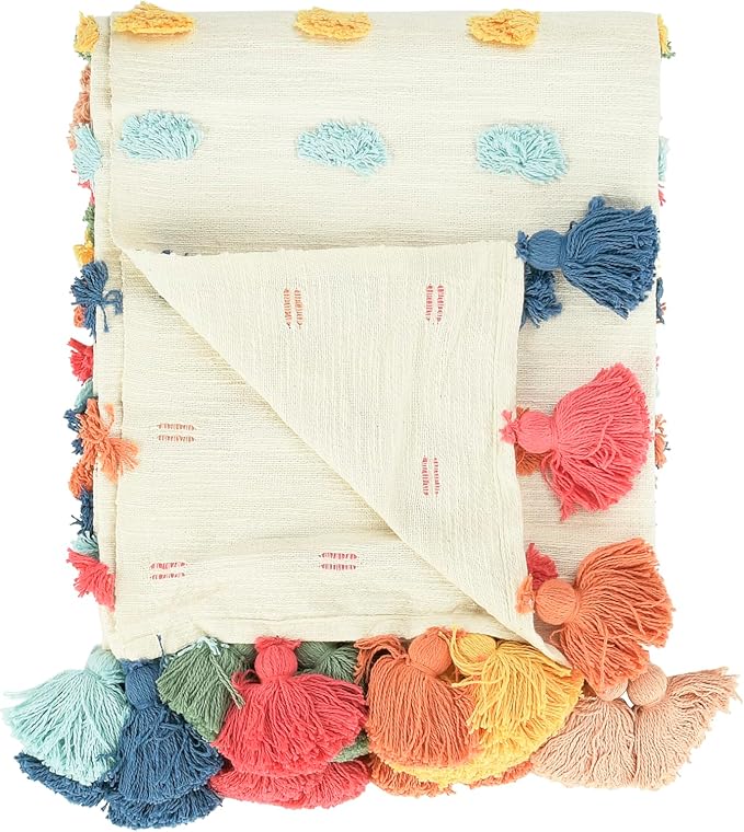 Creative Co-Op Soft Woven Cotton Throw with Tufted Dots and Tassels, Multicolor