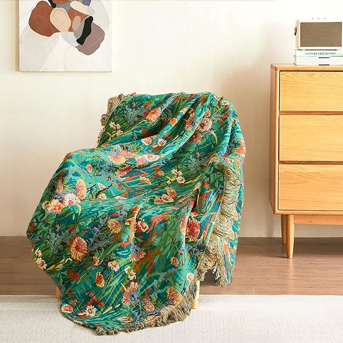 Boho Throw Blanket - 90"x90" 100% Cotton Ultra Soft Lightweight Spring Blanket, 4-Layer Breathable Muslin Blankets for Bed Couch, Reversible Green Floral Printed Bohemian Cotton Quilt