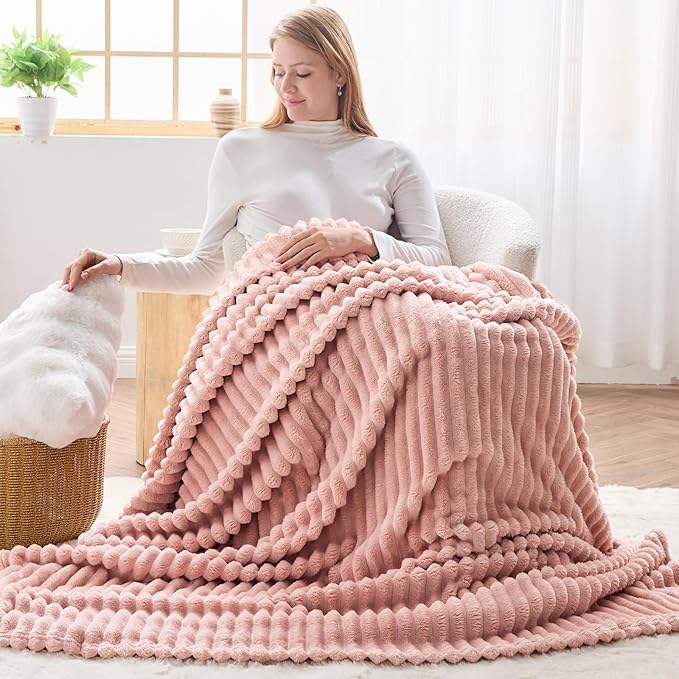NEWCOSPLAY Super Soft Twin Blanket Pink Premium Silky Flannel Fleece 3D Ribbed Jacquard Lightweight Bed Blanket All Season Use (Pink Ribbed, Twin(60"x80"))