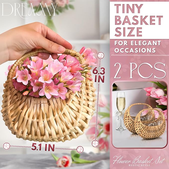Small Flower Girl Basket Set of 2 - Small Wicker Basket with Handle and Waterproof Lining 6.3" x 5.12" x 3.75" - Tiny Easter Baskets with Rattan Design for Flowers, Sweets, Gifts, Home Decor & Storage