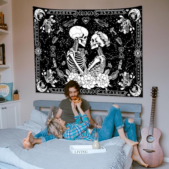 KJHL Black and White Gothic Witchy Skull Tapestry 44ʺ x 60ʺ Floral Constellation Skeleton Aesthetic Tapestries Wall Hanging for Bedroom Dorm