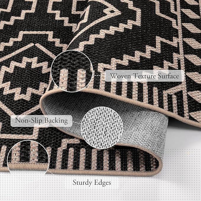 Lahome Bijou Moroccan Easy Jute Carpet, 5x7 Washable Rugs for Living Dining Room Indoor Outdoor Patio Rug, Farmhouse Non Slip Non Shedding Natural Black Carpet for Deck Backyard Entryway Classroom
