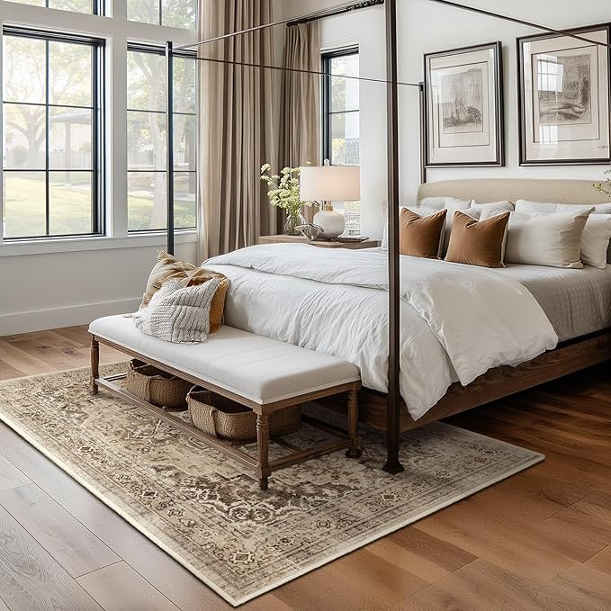 Vintage Brown 5x8 Area Rugs for Living Room, Distressed Medallion Dining Room Rug Washable Non Slip, Low Pile Thin Carpet Rugs for Den/Bedroom/Foyer/Home Office, Earthy Brown Taupe Black