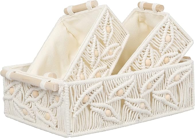 ANMINY 3PCS Macrame Storage Baskets for Organizing Boho Decor Baskets Storage Bins with Wood Handles Handmade Decorative Storage Boxes Desk Toilet Tank Bathroom Self Basket Organizer - Leaves w/Beads