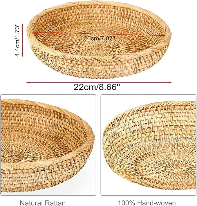 Hipiwe Small Round Keys Basket Bowl for Entryway 8.6" Hand-woven Wicker Storage Basket Rattan Decorative Basket Fruit Candy Cake Food Serving Baskets Tray for Keys, Wallet, Cell Phone