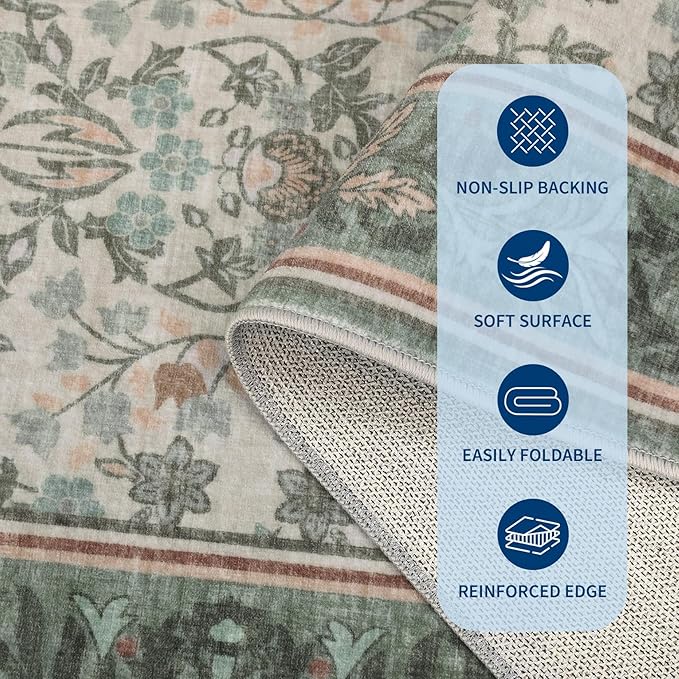 GarveeHome Runner Rugs 2x6 Kitchen Runner Rug Non Slip Washable Runners for Hallways, Boho Vintage Rugs with Rubber Backing Low-Pile Indoor Carpet for Entryway Bedroom Sage Green