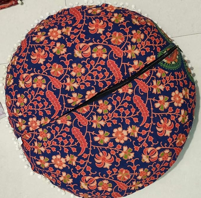 CRAFT KALA Mandala Floor Pillow Cushion Cover Seating Throw Cover Hippie Decorative Bohemian Ottoman Poufs Pom Pom Pillow Cases Indian Cotton Living Room Home Décor 24" Round Set of 2, Multi Peacock