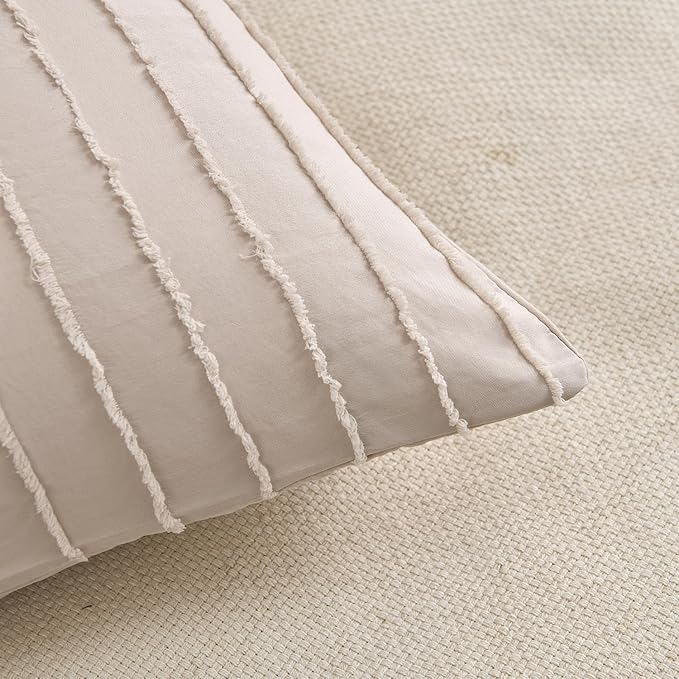 King Pillow Shams 2 Pack, King Size Pillowcases, Soft Microfiber Geometric Striped Tufted Pillow Covers with Envelope Closure, Cream, 20x36 Inches (No Insert)