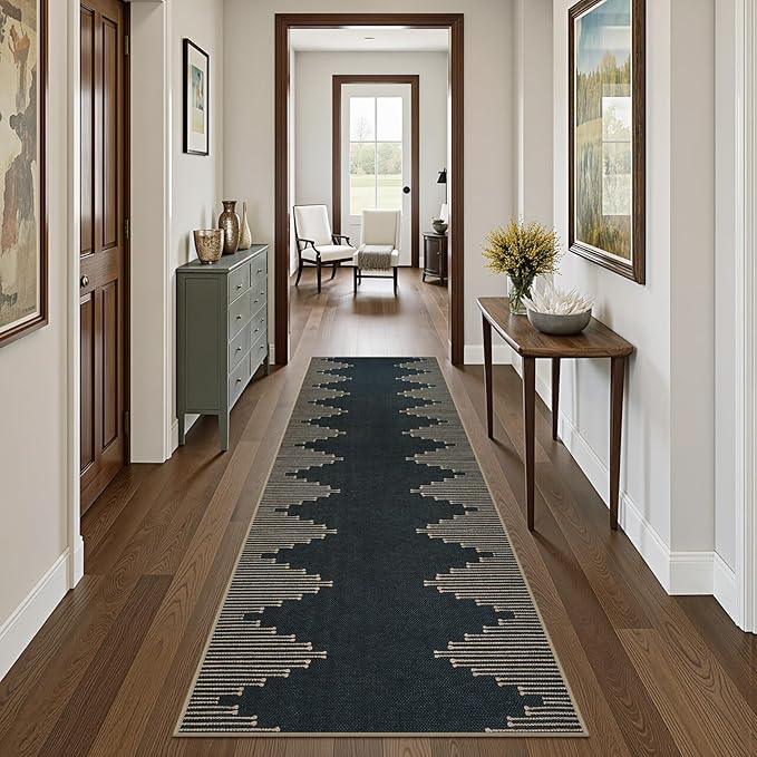 LIVEBOX No Shed Jute Runner Rugs for Hallway 2x10, Black and Tan Non Slip Washable Rug Runner, Bohemmian Extra Long Runners Rugs for Hallways, Ultra Thin Farmhouse Kitchen Rug for Hardwood Floor