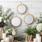 Novabright 3 Pcs Boho Mirror Wall Decor 4.72 Inch Small Round Circle Decorative Mirrors with Wood Bead Hanging Wall Art for Farmhouse Rustic Home Living Room, Bedroom, Bathroom, Entryway